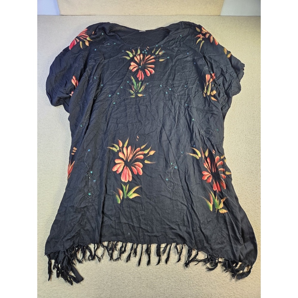 Island Planet Miami Beach One Size Black Floral Beaded Fringe Tunic Cover Up